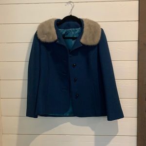 1960’s vintage Windsor blue coat with fox fur collar by Joshar inc Montreal